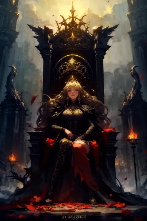 (masterpiece, best quality, ultra-detailed:1.3), 1girl, druid queen, sitting on throne, full body, petal, forest, firefly, particles BREAK long straight blonde hair, mid parted hair, blush