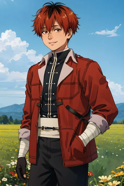 masterpiece, best quality,  cowboy shot,  <lora:CHAR-Stark:1> StarkFrieren, red jacket, black shirt, white sash, black pants, bandages, gloves, field, hands in pockets, smile