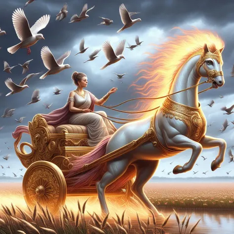 painting of a woman riding in a horse drawn carriage with birds flying around