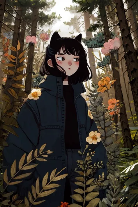 a woman in a blue jacket standing in a forest with flowers