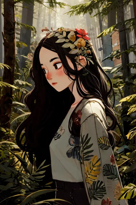 a woman with a flower crown standing in a forest