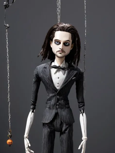 a close up of a doll with a chain attached to it