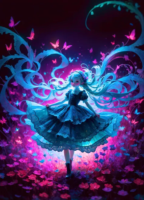 a girl with long hair and blue dress standing in a field of butterflies