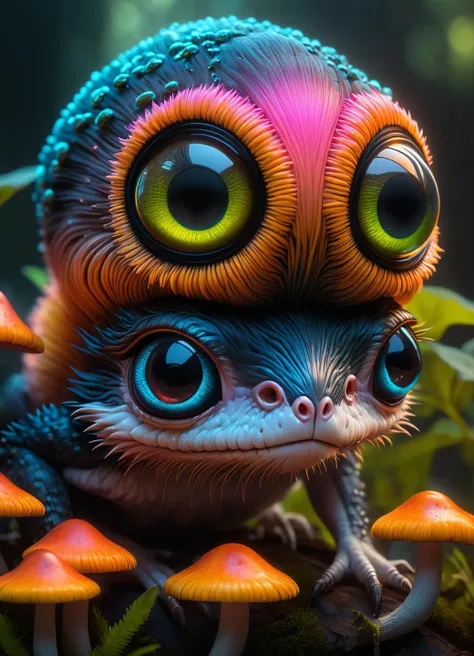 a close up of a colorful creature with mushrooms and plants