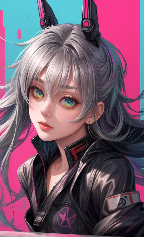 masterpiece, best quality, highres, high quality, 1girl, solo, female focus,  grey hair, realistic, cyberpunk, (2D:1.2),(flat color:1.2),(colorful:1.4), floating,  <lora:add_detail:1>,