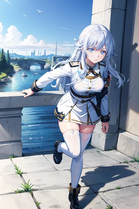 anime girl in white dress walking on a bridge over a river