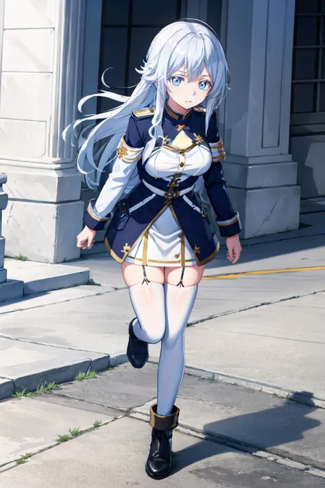 anime girl in uniform walking down the street with a sword