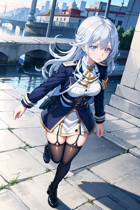 anime girl in uniform walking on sidewalk next to water