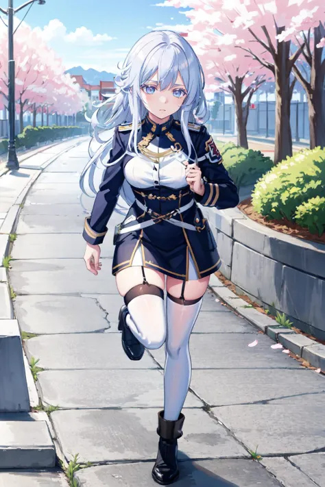 anime girl in uniform walking down a sidewalk with cherry trees in the background