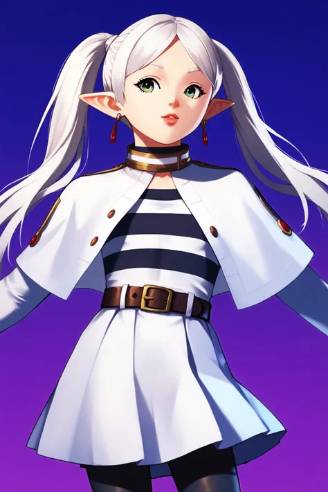 <lora:ChamFrierenPonyXL:1> Frieren,green eyes,white hair,long hair,twintails, earrings,small chest, flat,FrierenBase, white capelet, striped shirt, long sleeves, belt, white skirt, black pantyhose,<lora:IrotsuyaP:1>Irotsuya, Score_9, Score_8_up, Score_7_up...