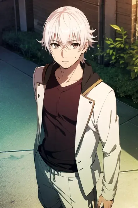 masterpiece, best quality, photorealistic, 1boy, solo, male focus, looking at viewer, , , anime coloring, realistic, <lora:yashiro_isana:0.74>, yashiro_isana, white hair, brown eyes, sweatpant, , atompunk, HD