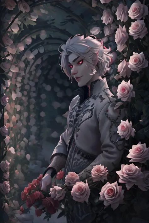 <lora:flowertunnel:0.6>, Flower Tunnel, red roses, nighttime, <lora:astarion-bloodredkittie:0.8>, BGAstarion, male, masculine, silver hair, red eyes || masterpiece, 8k, high resolution, shallow depth of field, sharp focus