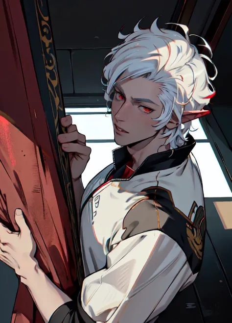 (best quality, masterpiece, high resolution, highres, absurdres):1.2 <lora:BGAstarion:1> anime illustration, thick linework, bgastarion, 1boy, solo, halfbody, looking at viewer, sexy, parted lips, sultry, red eyes, white hair, elf