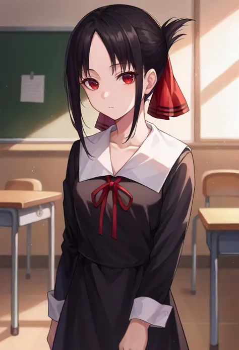 anime girl with black hair and red eyes in a classroom