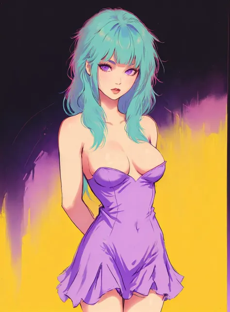 poster, 1girl, aqua hair, arms behind back, bangs, blue hair, blunt bangs, breasts, cowboy shot, dress,  long hair, looking at viewer, medium breasts, pink dress, purple eyes, solo, standing, very long hair, yellow background,
<lora:PUNK-000005:.8>