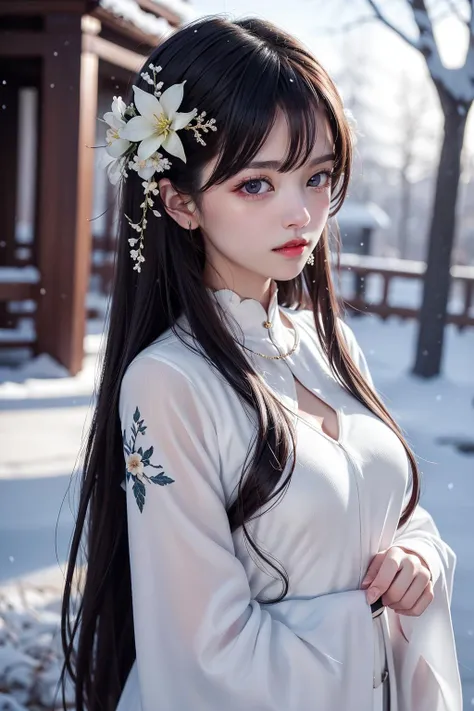 a woman with long hair wearing a white dress and a flower in her hair