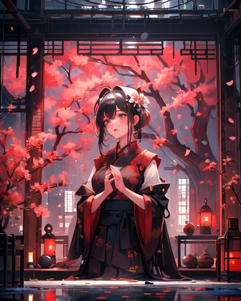 masterpiece, best quality, 8k, 1girl, upper body, cherry blossoms, east asian architecture, petals, potted plant, reflection, red flower, water, chinese clothes, wide shot, autumn leaves, <lora:indoor_20230827164629:1>