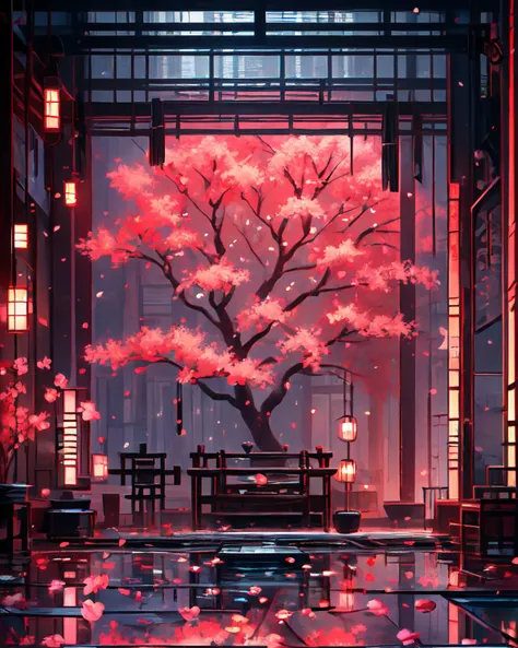 masterpiece, best quality, 8k, 1girl, upper body, cherry blossoms, east asian architecture, petals, potted plant, reflection, red flower, water, chinese clothes, wide shot, autumn leaves, <lora:indoor_20230827164629:1>