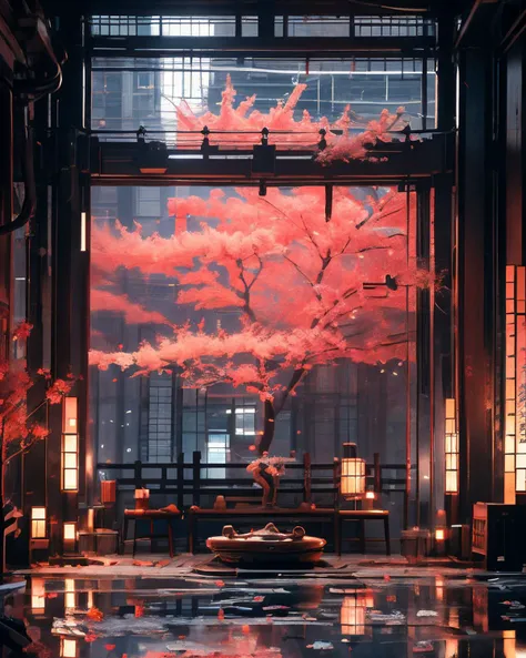 masterpiece, best quality, 8k, 1girl, upper body, cherry blossoms, east asian architecture, petals, potted plant, reflection, red flower, water, chinese clothes, wide shot, autumn leaves, <lora:indoor_20230827164629:1>