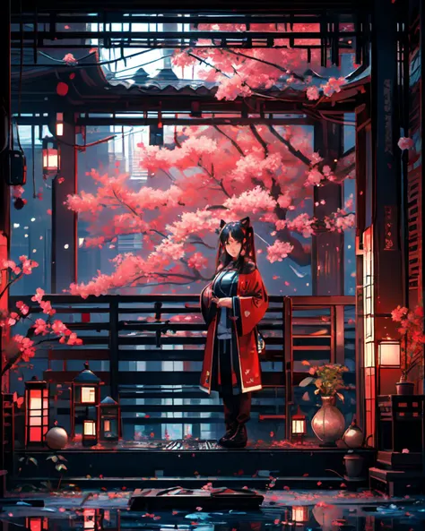 masterpiece, best quality, 8k, 1girl, upper body, cherry blossoms, east asian architecture, petals, potted plant, reflection, red flower, water, chinese clothes, wide shot, autumn leaves, <lora:indoor_20230827164629:1>