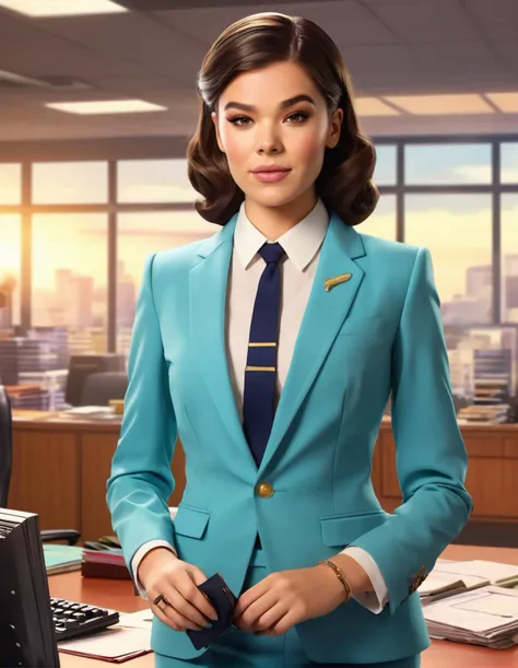 anime artwork Cinematic upper body portrait of Hailee Steinfeld dressed as a woman ((dressed as a bussnesswoman dressed in a 3 piece suit, in an 1960s style office)). photorealistic image, 8k, artwork by greg rutkowski, DSLR photography,   <lora:Hailee_Ste...