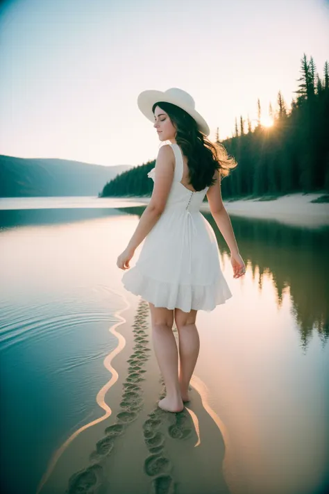 arafed woman in a white dress and hat walking on a beach