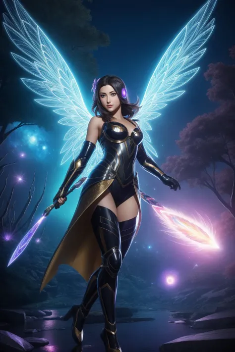 a woman in a black outfit with wings and a sword