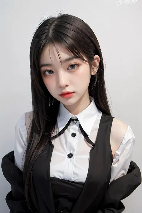 1girl, black random formal attire, white background, <lora:bllncp-04:1>