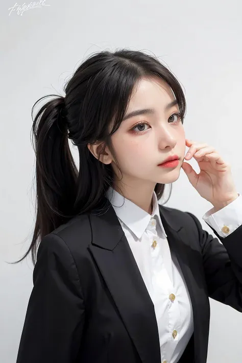 1girl, black random formal attire, white background, <lora:bllncp-04:1>