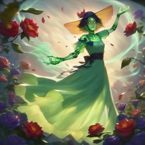 score_9, score_8_up, score_7_up, score_6_up, rating_safe best quality masterpiece ghost girl 1girl skeleton in sundress green transparent skin holding dead flowers  glowing <lora:GhostPirateWorldPonyXL:0.8> ghostpirateworld