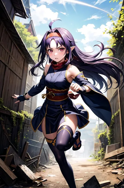 (masterpiece, best quality, detailed), 1girl, solo, looking at viewer, yuuki (sao), pointy ears, long hair, ahoge, red hairband,
ninja, fishnets, arm guards, japanese clothes, thighhighs, fingerless gloves, sash, forehead protector, scarf, ruins, overgrown...