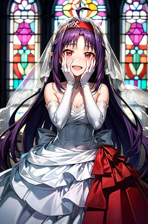 (masterpiece, best quality, detailed), 1girl, solo, looking at viewer, yuuki (sao), pointy ears, long hair, ahoge, red hairband,
bride, wedding dress, bridal veil, strapless dress, elbow gloves, white rose, pearl necklace, layered dress, indoors, church, s...