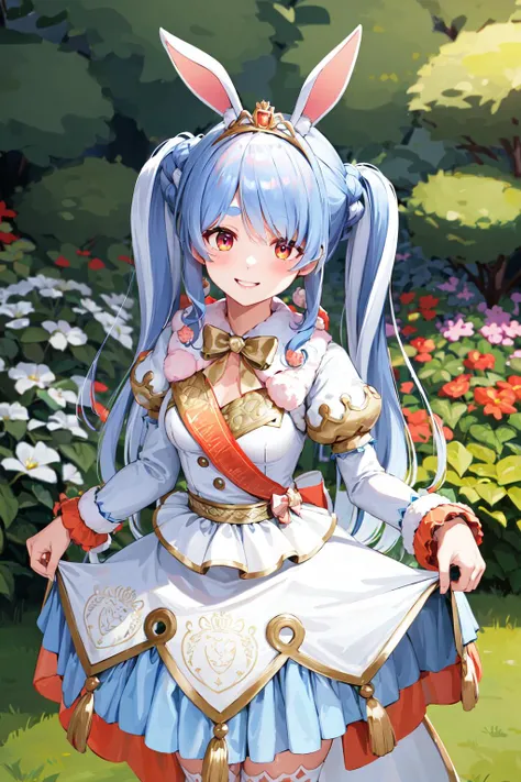 masterpiece, best quality, highres, ggpekora, rabbit ears, tiara, <lora:usada_pekora_v1:0.9>, skirt hold, garden, smile,