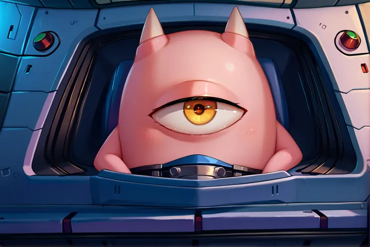 a close up of a pink monster with horns and a big eye