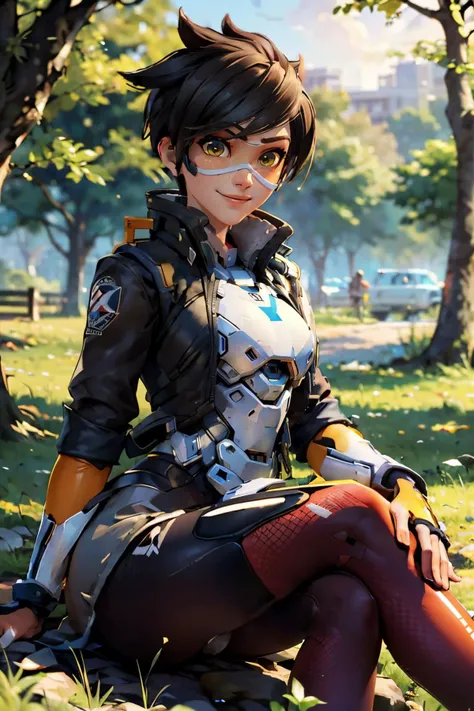 tracerow, brown hair, cropped jacket, orange leggings, looking at viewer, smiling, happy,
sitting, on grass, trees, autumn, overcast, extreme detail, masterpiece, <lora:Tracer :.8>