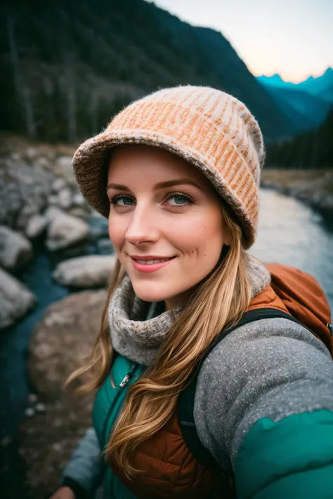 1 woman((upper body selfie, happy)), masterpiece, best quality, ultra-detailed, solo, outdoors, (night), mountains, nature, (stars, moon) cheerful, happy, backpack, sleeping bag, camping stove, water bottle, mountain boots, gloves, sweater, hat, flashli...