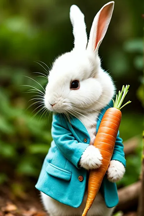 there is a white rabbit in a blue jacket holding a carrot