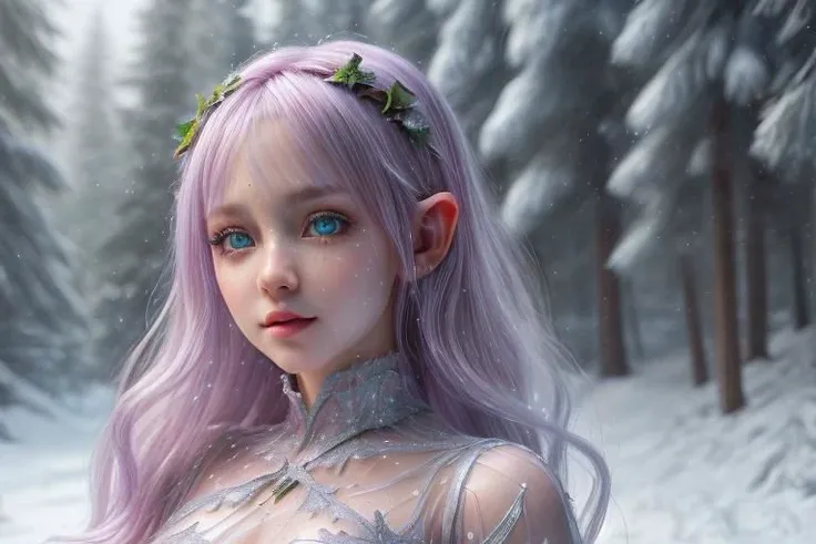 8k hi-Definition hyper realistic: high-res, hyper realistic: small/tint Christmas elf (female), pointed ears, glittery face, wearing transparent Christmas style clothing, full body, snowy forest,