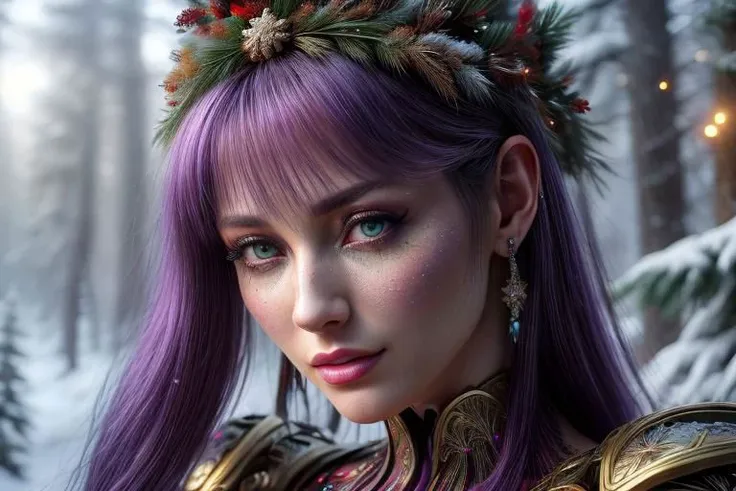 a close up of a woman with purple hair wearing a crown