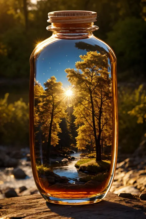 (village-in-a-corked-bottle-concept-art), (Within a massive corked-jar exists a village in a forest-biome with a stream and lake, a miniature-landscape inside the sealed bottle, which sits on a rustic table of weathered pitted oak, with strong golden hour ...