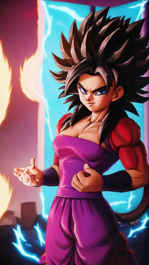 Caulifla, 1girl, (((SSj4, super saiyan 4, black Hair,))), BREAK, (((red fur on arms and chest, ))), (((Tail))), (((red body fur))), BREAK, <lora:Caulifla:1>
pink tube top, strapless, purple baggy pants, grey bracers, grey boots, BREAK, <lora:Primitive Saiy...