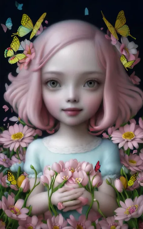 a painting of a girl with pink hair and butterflies around her