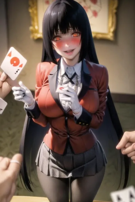 anime girl in a red jacket holding a card and playing cards