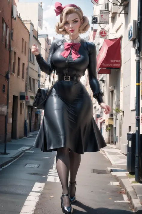 woman in black leather dress and pink bow walking down a street