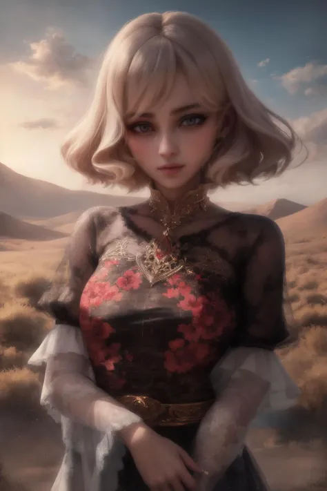 a woman in a tranquil desert oasis at dawn, upper body, grey eyes, puffy lips, 
((masterpiece)), ((best quality)), intricate detail, highres, digital art,