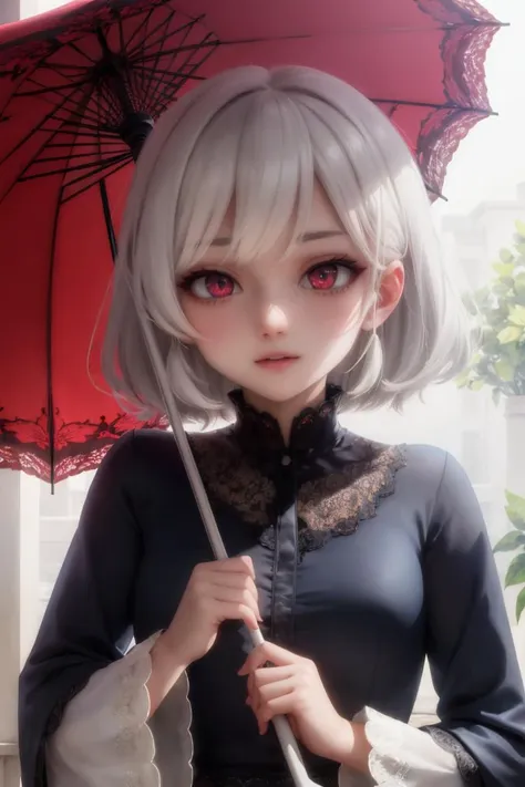 anime girl with grey hair and red umbrella in front of a window