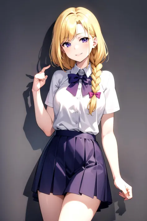 <lora:Ichimiya_Alisa:1> 1girl, ichimiya-alisa, long hair, blonde hair, braid, single braid, purple eyes, school uniform, smiling