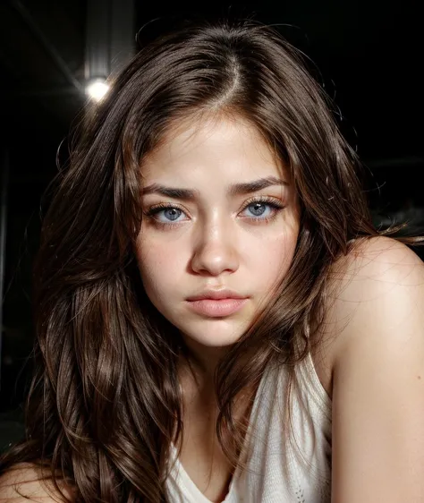 a close up of a young woman with long hair and a white tank top