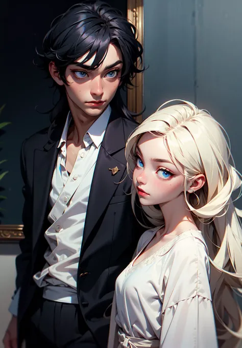 a cool boy with black hair, black eyes and wearing black suit and a girl with white long hair, blue eyes are lover