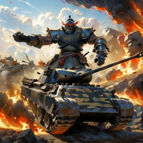 War a giant bellicose warrior rides a panther tank through a cratered battlefield of fire, smoke, explosions and chaos